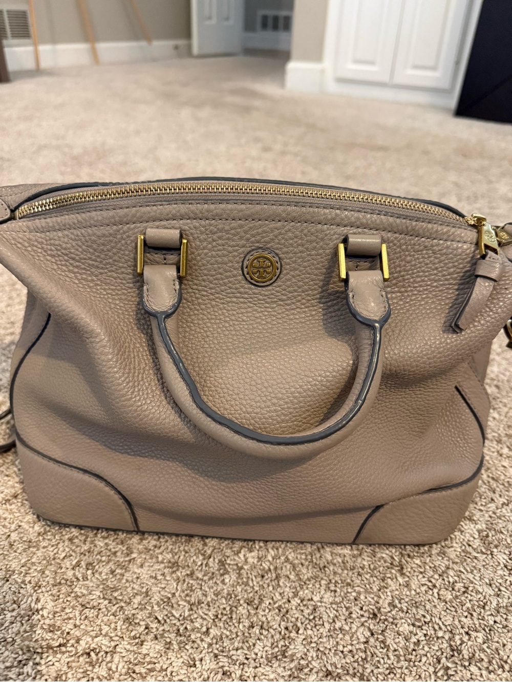Tory Burch Taupe Pebbled Leather Satchel with Gold Hardware